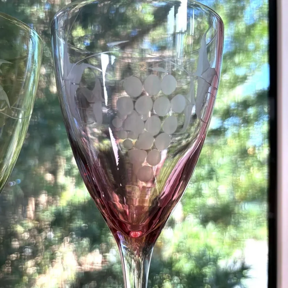 Hand Blown Wine Glasses Green & Purple Etched Grape Set of 3